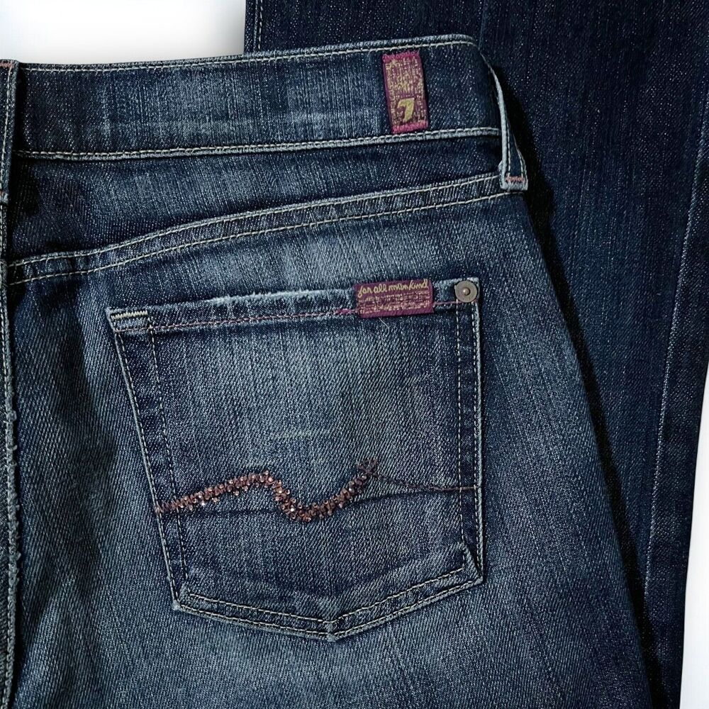 7 For All Mankind Bootcut Denim Jeans Bling Rhinestone Back Pockets Womens Sz 30 - Picture 6 of 14